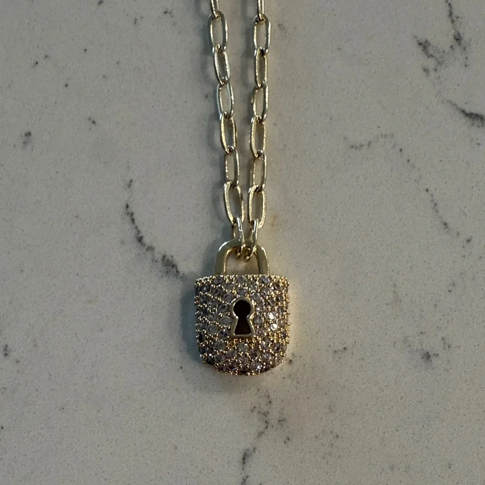 CZ Padlock Pendant Necklace in 14K Gold Plated NWT